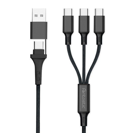 Multi Charging Cable USB-A/Type-C to 3 x Type-C Al Housing, Nylon braid, Multi-Charge 1.2m black
