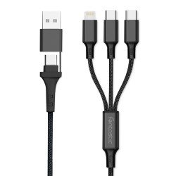 Charging Cable USB-A/Type-C to 2 x Type-C + 8-PIN Al Housing, Nylon braid, Multi-Charge 1.2m black