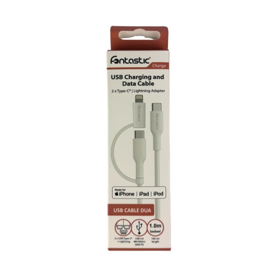 Fontastic 2in1 Data Cable Type-C >Type-C +Lightnig PD 60W, Fast Charge comp., TPE, 1m, "Dua", white