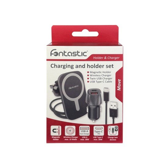 Magnetic Wireless Charging Holder + Car Charger 15W Fast Charge compatible, incl. 2 pcs Metal Ring