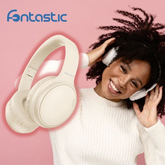 Wireless Headphone Tonic Active Noise Cancellation Line-In Function, Bass+, MIc, Vol. control, cream