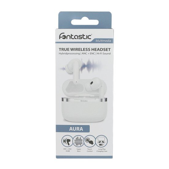 Fontastic TWS Headset &ldquo;Aura&rdquo; Hybrid ANC ENC white -42dB Noise Reduction, 6 Mic, Wireless Charging