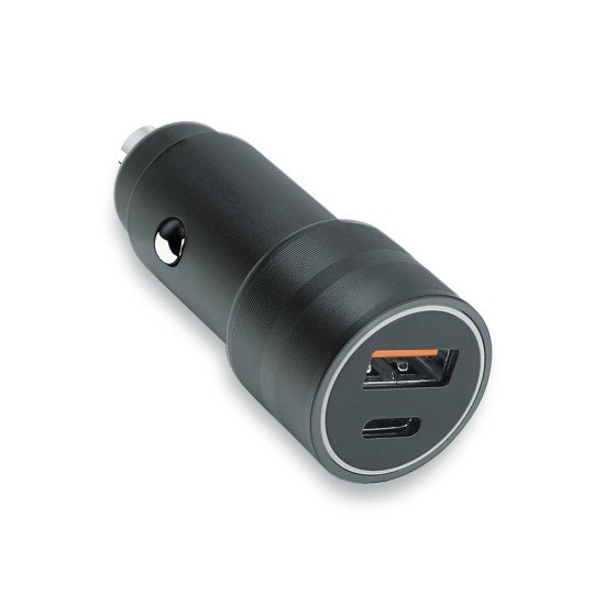 Car Charger &bdquo;Luma&ldquo; Dual Port, 38Watt, Grey Type-C Power Delivery USB-A Fast Charge Aluminum