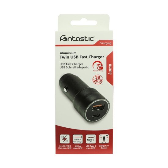 Car Charger &bdquo;Luma&ldquo; Dual Port, 38Watt, Grey Type-C Power Delivery USB-A Fast Charge Aluminum