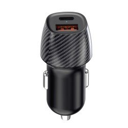 Car Charger &bdquo;Gran&ldquo; Dual Port, 20Watt, black Type-C PD + USB-A FC 3.0, PPS, Carbon Fiber Design