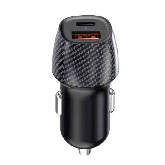Car Charger &bdquo;Gran&ldquo; Dual Port, 20Watt, black Type-C PD + USB-A FC 3.0, PPS, Carbon Fiber Design