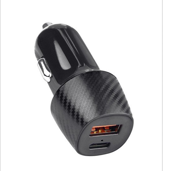 Car Charger &bdquo;Gran&ldquo; Dual Port, 20Watt, black Type-C PD + USB-A FC 3.0, PPS, Carbon Fiber Design