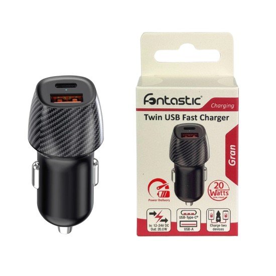 Car Charger &bdquo;Gran&ldquo; Dual Port, 20Watt, black Type-C PD + USB-A FC 3.0, PPS, Carbon Fiber Design