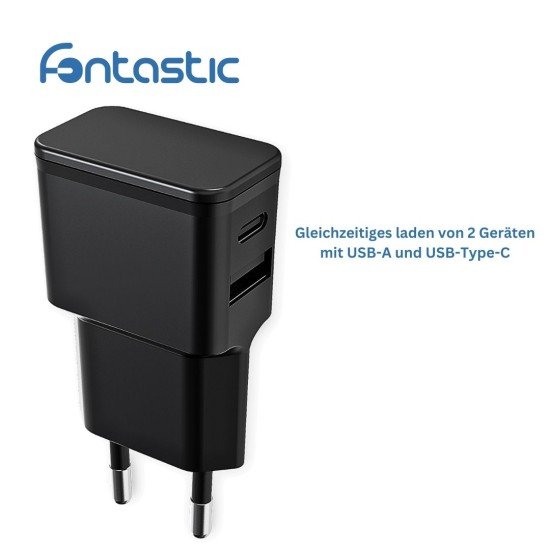 Universal AC Charger Dubi 1x USB-A + 1x Type-C 12W 5V / 2.4A, compact design, black