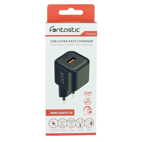 AC Charger MINI GaNto 20W Type-C PD + USB-A FC Ultra-compact, intelligent charging PPS black