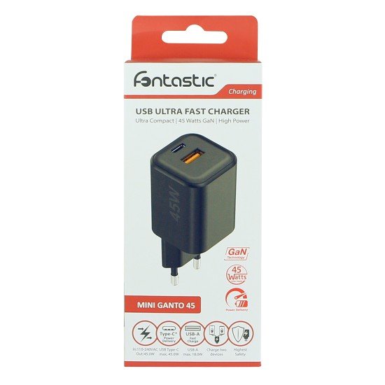 AC Charger MINI GaNto 45W Type-C PD + USB-A FC Ultra-compact, intelligent charging PPS, black