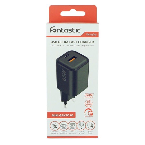 AC Charger MINI GaNto 65W Type-C PD + USB-A FC Ultra-compact, intelligent charging PPS, black