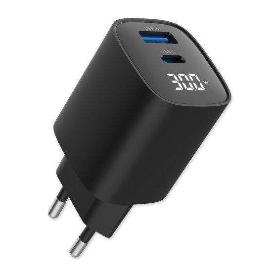 Fontastic AC Charger GAN 30W with Display, black Typ-C + USB-A PD, FC, Power Output Display &ldquo;Ecran&ldquo;