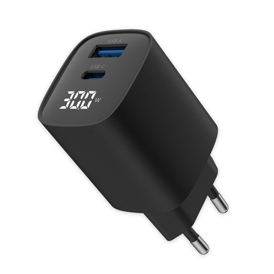 Fontastic AC Charger GAN 30W with Display, black Typ-C + USB-A PD, FC, Power Output Display &ldquo;Ecran&ldquo;
