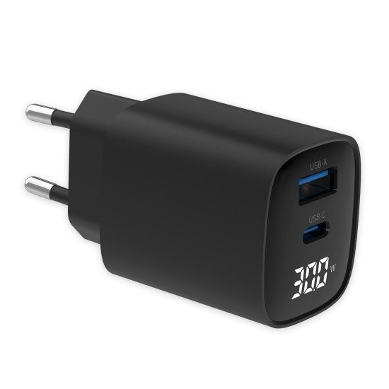 Fontastic AC Charger GAN 30W with Display, black Typ-C + USB-A PD, FC, Power Output Display &ldquo;Ecran&ldquo;