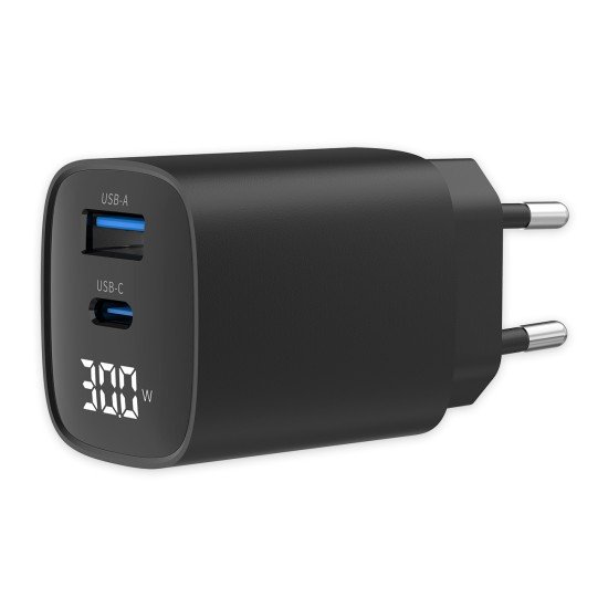 Fontastic AC Charger GAN 30W with Display, black Typ-C + USB-A PD, FC, Power Output Display &ldquo;Ecran&ldquo;