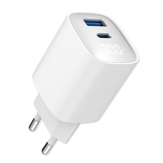 Fontastic AC Charger GAN 30W with Display, white Typ-C + USB-A PD, FC, Power Output Display &ldquo;Ecran&ldquo;