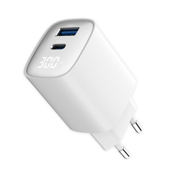 Fontastic AC Charger GAN 30W with Display, white Typ-C + USB-A PD, FC, Power Output Display &ldquo;Ecran&ldquo;