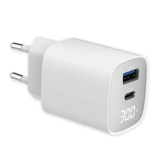 Fontastic AC Charger GAN 30W with Display, white Typ-C + USB-A PD, FC, Power Output Display &ldquo;Ecran&ldquo;