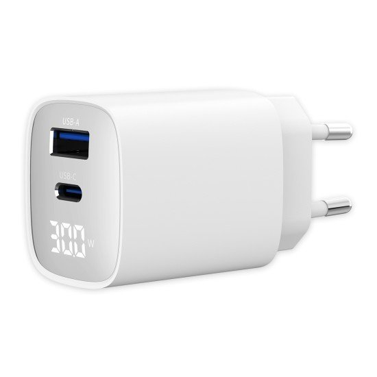 Fontastic AC Charger GAN 30W with Display, white Typ-C + USB-A PD, FC, Power Output Display &ldquo;Ecran&ldquo;