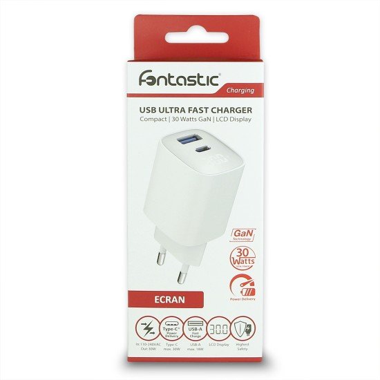 Fontastic AC Charger GAN 30W with Display, white Typ-C + USB-A PD, FC, Power Output Display &ldquo;Ecran&ldquo;