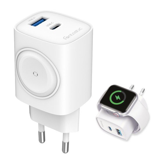 Fontastic 2in1 - Travel & iWatch wireless Charger GaN 22W, USB Typ-C + USB-A, PD, FC, &ldquo;WiGan&ldquo;, white