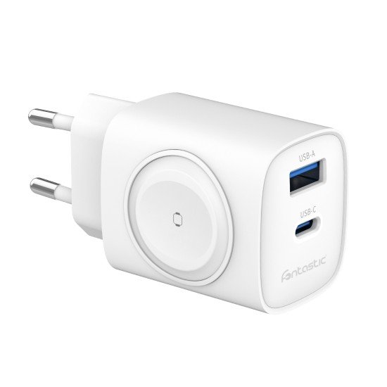 Fontastic 2in1 - Travel & iWatch wireless Charger GaN 22W, USB Typ-C + USB-A, PD, FC, &ldquo;WiGan&ldquo;, white