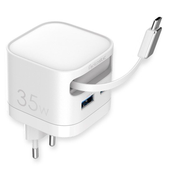 Fontastic 35W GaN Charger with retractable cable Type-C + A Ports, Cable Type-C PD FC &ldquo;Zap" white