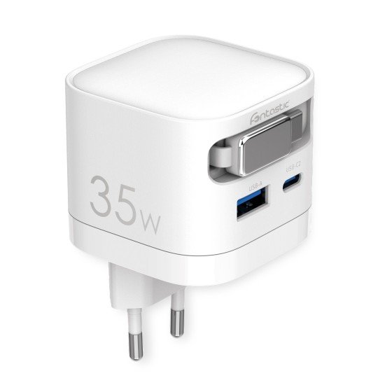 Fontastic 35W GaN Charger with retractable cable Type-C + A Ports, Cable Type-C PD FC &ldquo;Zap" white