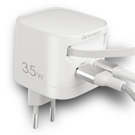 Fontastic 35W GaN Charger with retractable cable Type-C + A Ports, Cable Type-C PD FC &ldquo;Zap" white