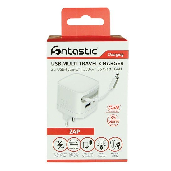 Fontastic 35W GaN Charger with retractable cable Type-C + A Ports, Cable Type-C PD FC &ldquo;Zap" white