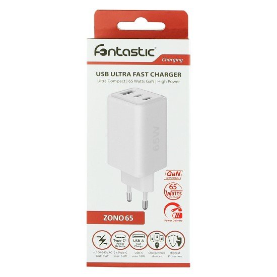 Fontastic AC Charger GAN 65W, 2 x Type-C + USB-A Power Delivery, Fast Charge, "Zono", white